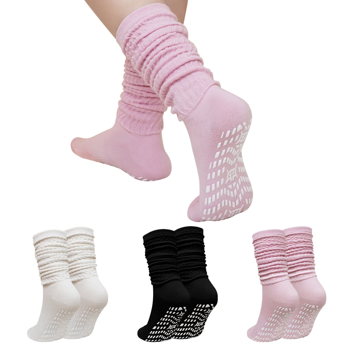 Slouch Socks with Grip, CaiDieNu 3 Pairs Pilate Socks, Non Slip Socks - Cotton Scrunch Grip Socks Pilates for Yoga Barre Workout & Fitness