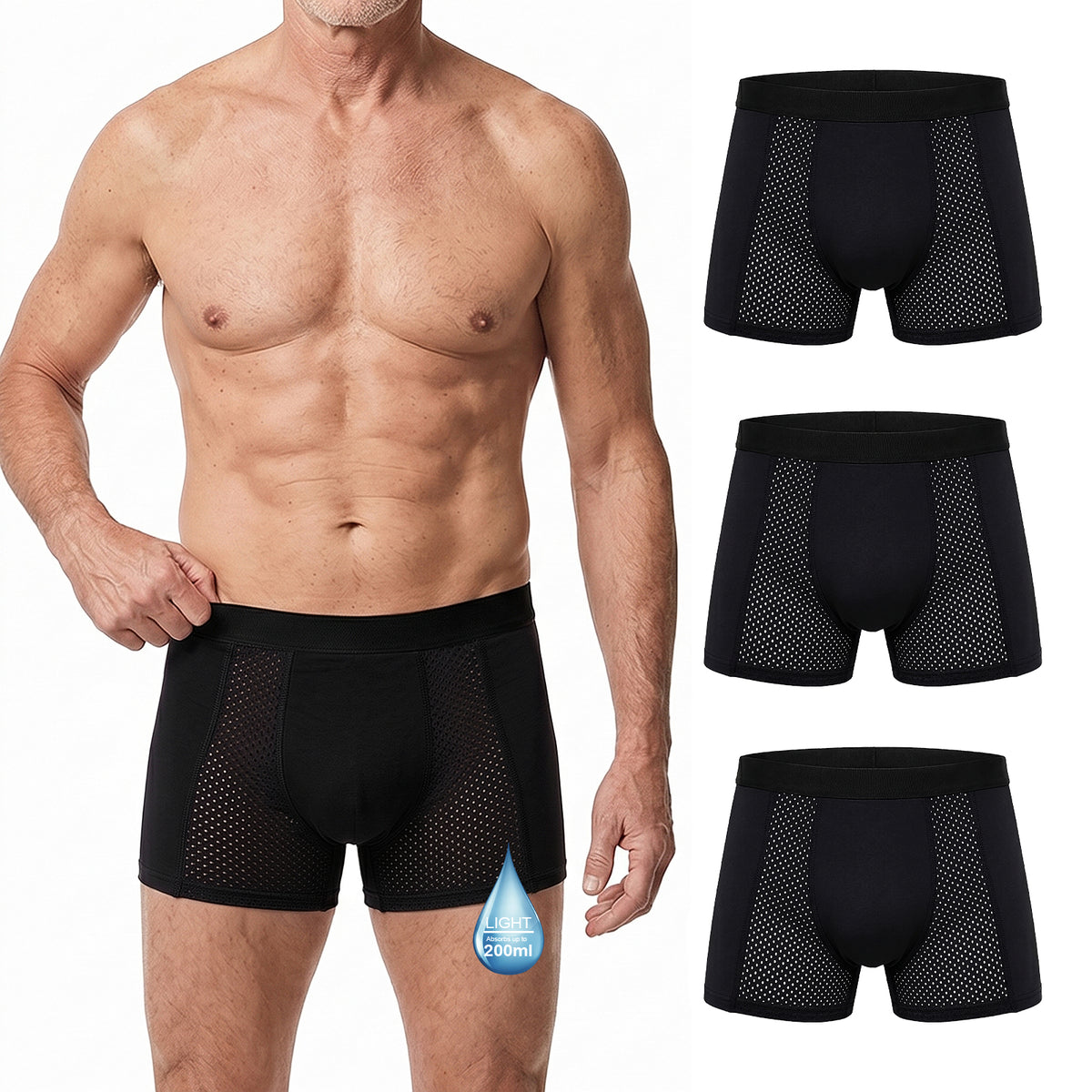 CaiDieNu Mens Incontinence Underwear, Washable Reusable Leak Protection Boxer Briefs, 200 mL Absorbency Breathable Mesh, 3 Pack Multicolor