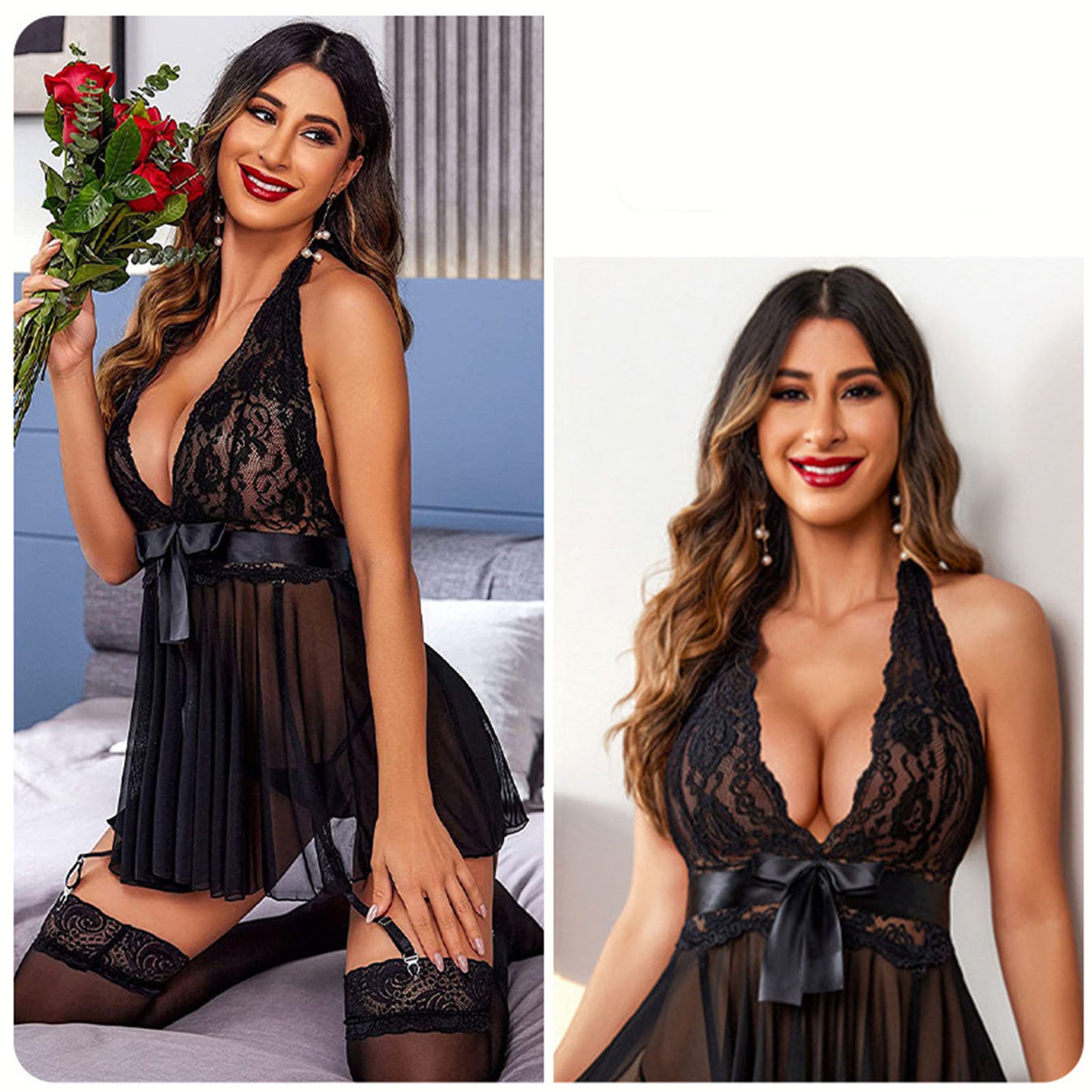 CaiDieNu Lingerie for Women Elegant Lace Pajamas Set V Neck Sexy Nightgowns Perfect for All Seasons, Black