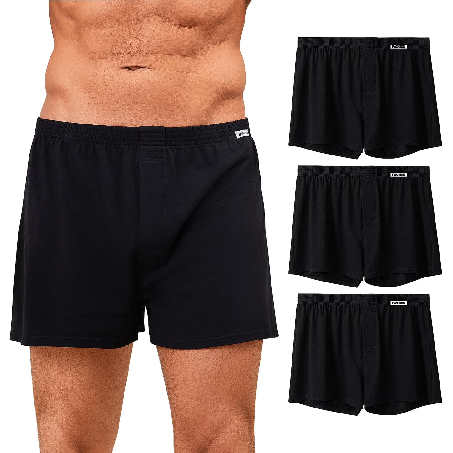 Mens Boxers Briefs, CaiDieNu Cotton SuperSoft Knit Sleep Boxers for Men, Classic Relaxed Fit Breathable Underwear for Men with Open-Crotch Design, 3 Pack