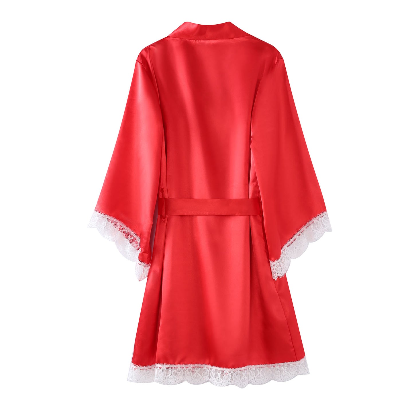 CaiDieNu Women's Silk Robe Set 2-Piece - Lace Camisole & 3/4 Sleeve Robe - Red - L