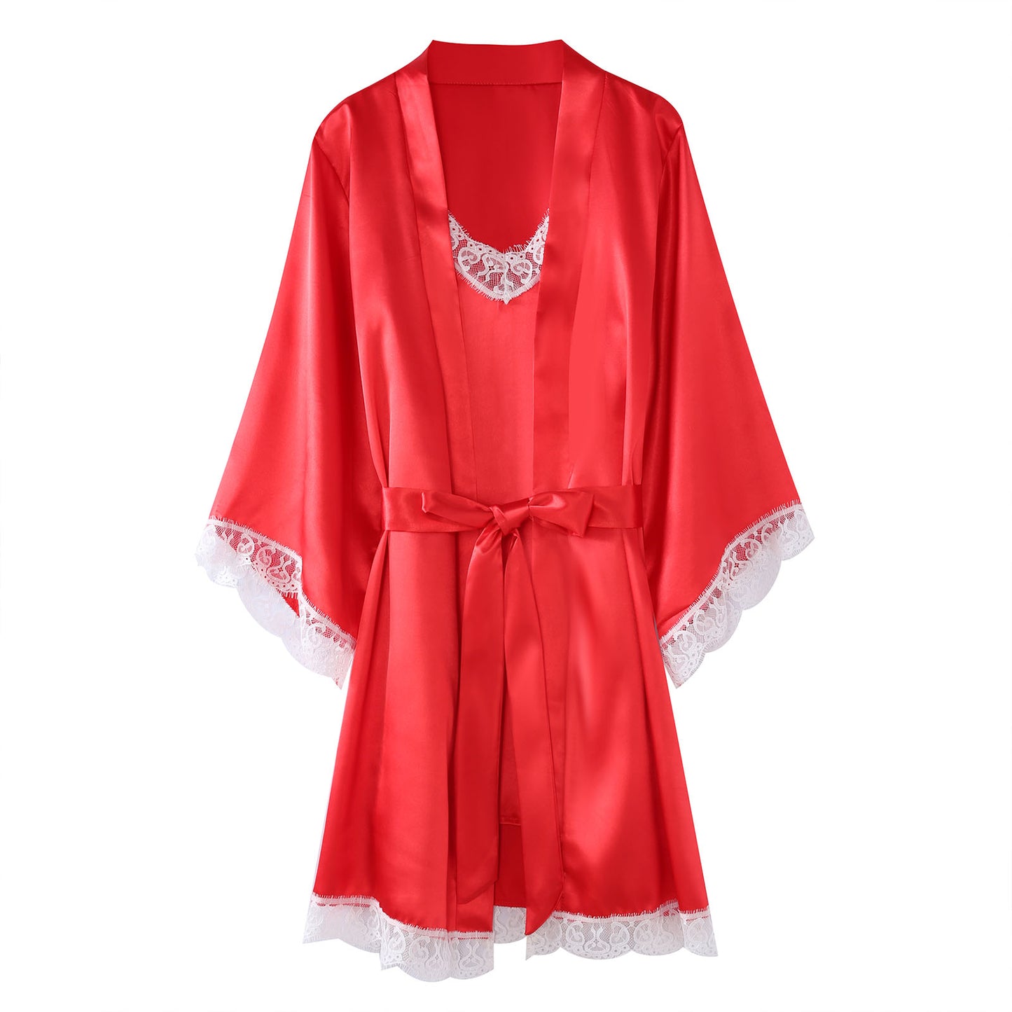 CaiDieNu Women's Silk Robe Set 2-Piece - Lace Camisole & 3/4 Sleeve Robe - Red - L