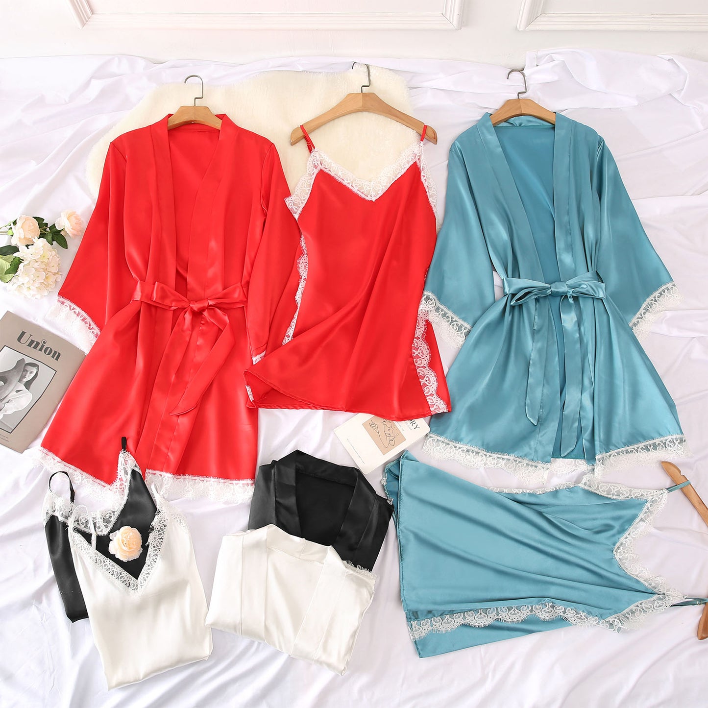 CaiDieNu Women's Silk Robe Set 2-Piece - Lace Camisole & 3/4 Sleeve Robe - Red - L