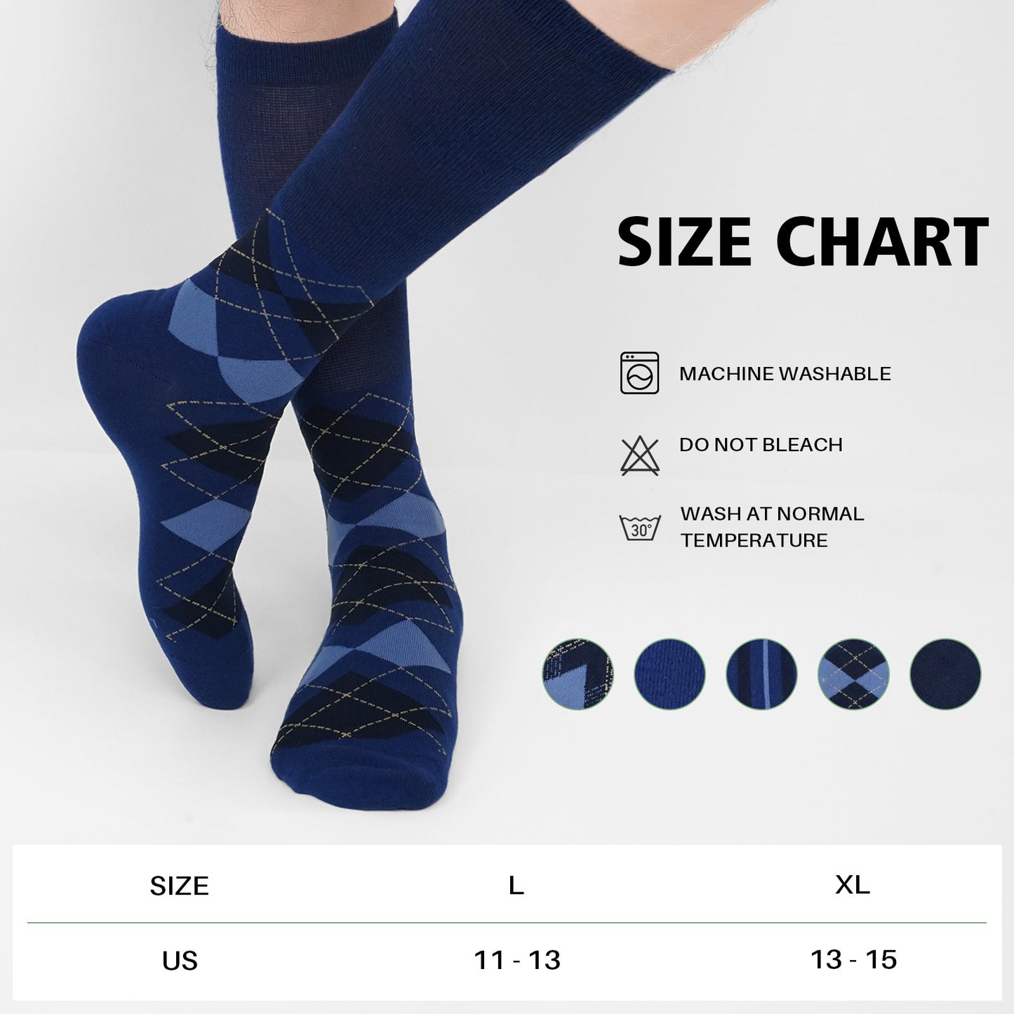 Diabetic Socks for Men, CaiDieNu 5 Pairs Mens Diabetic Socks, Wide Calf Non-Binding Moisture Cotton Mid Calf Socks, Loose Fit Comfort Seamless Toe, Classic Argyle & Stripe Patterns