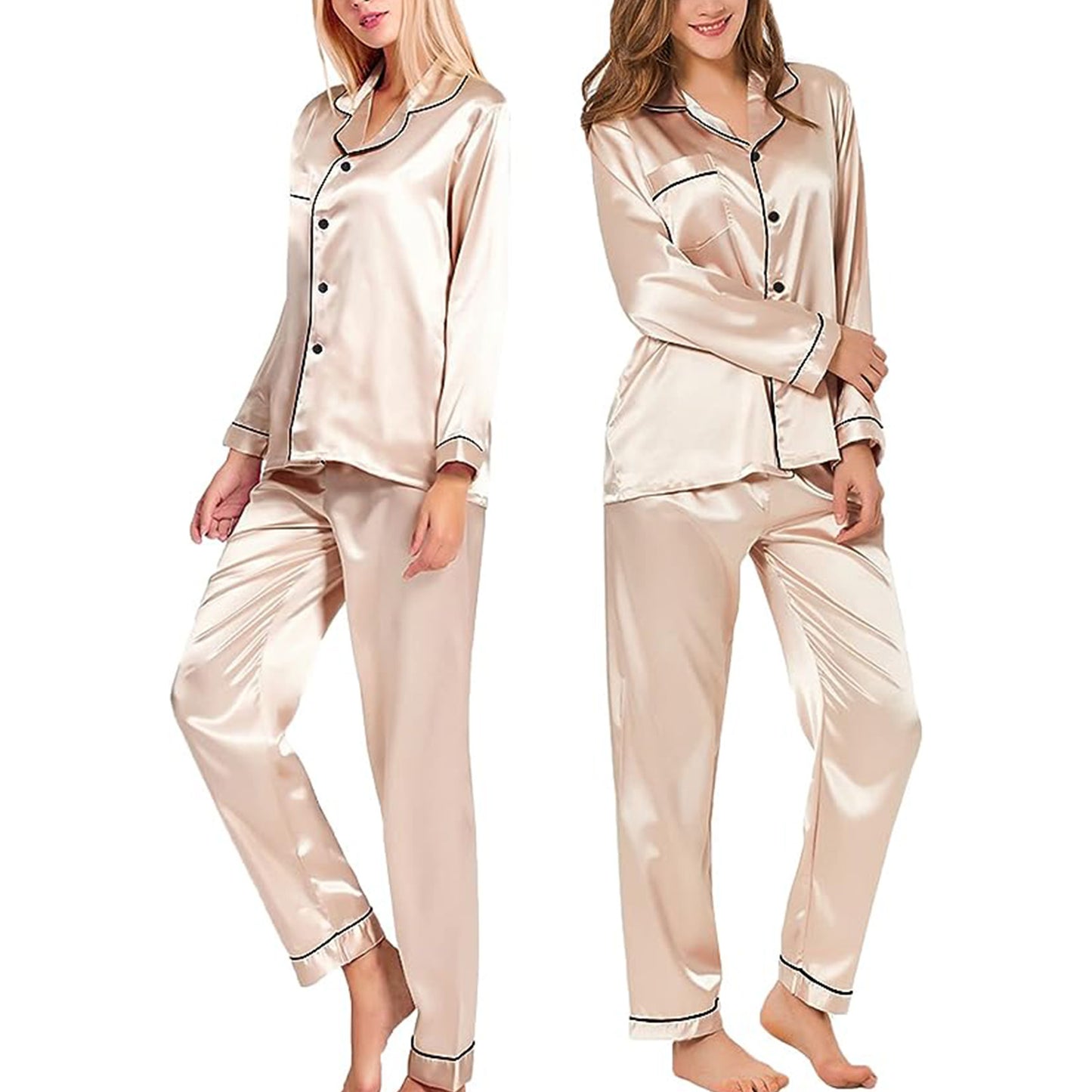 CAIDIENU Satin Pajamas for Women 2-Piece Silk Pajama Set Long Sleeve Sleepwear - Champagne