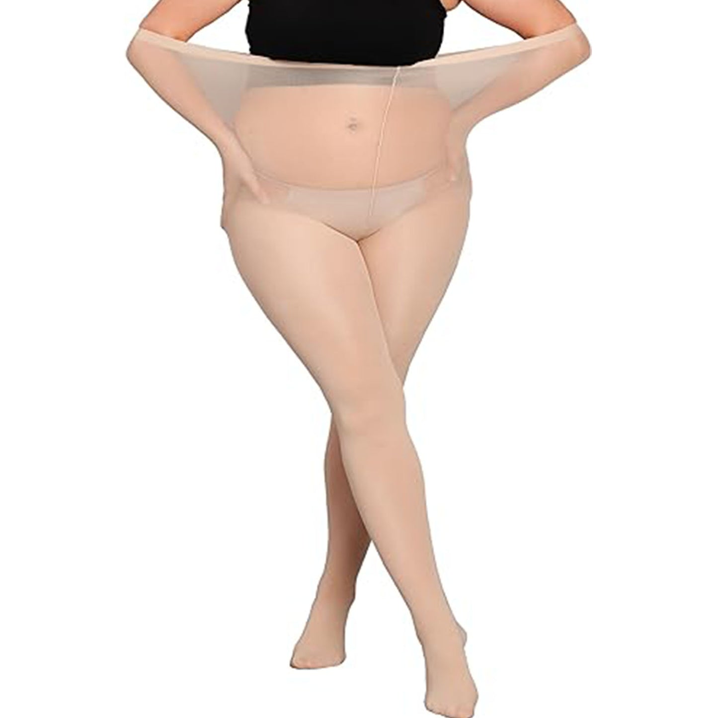 CaiDieNu Plus Size Pantyhose for Women Nylon Sheer Tights 8D Ultra-Thin Anti-Snag Stockings, 2-Pack, Black & Nude