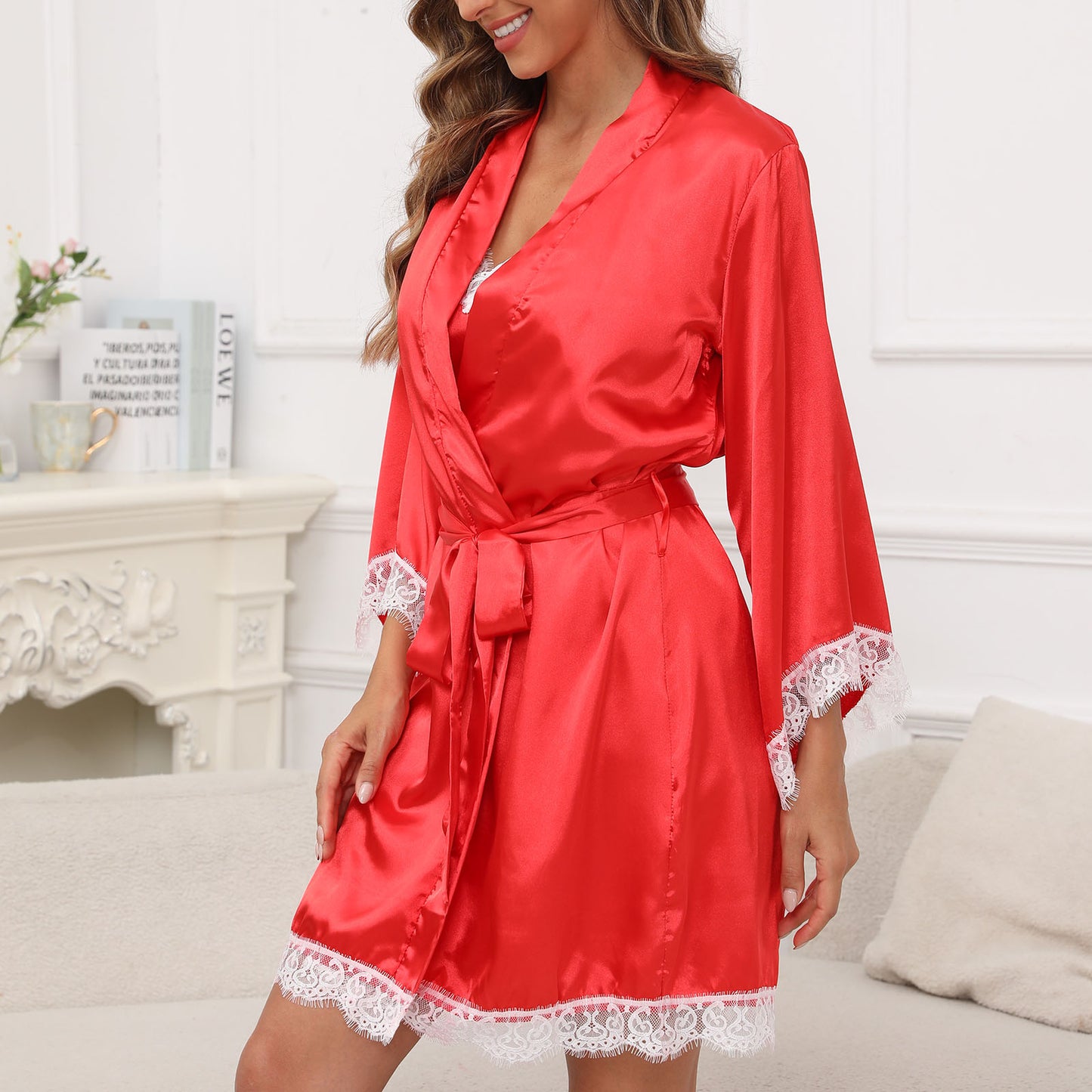 CaiDieNu Women's Silk Robe Set 2-Piece - Lace Camisole & 3/4 Sleeve Robe - Red - L