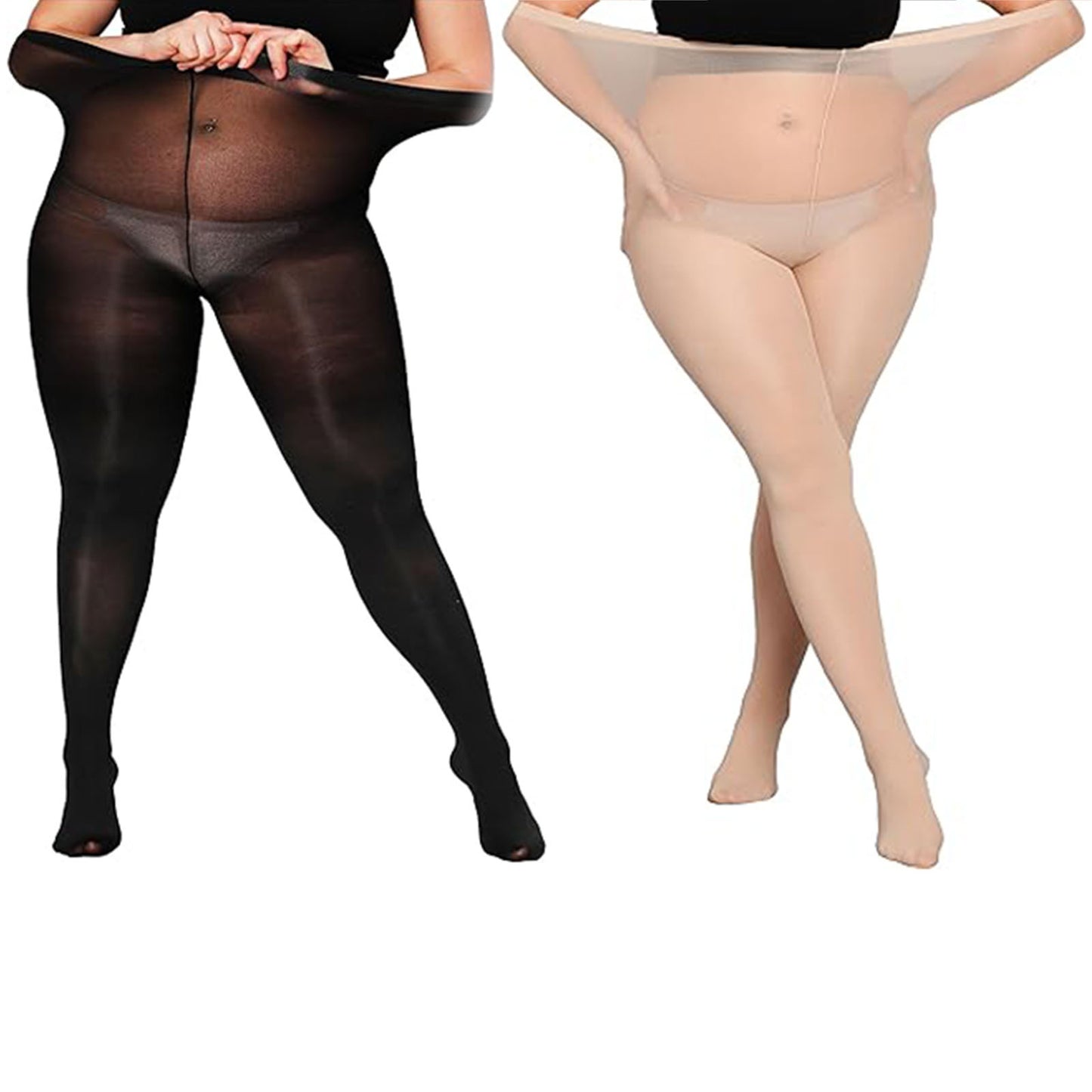 CaiDieNu Plus Size Pantyhose for Women Nylon Sheer Tights 8D Ultra-Thin Anti-Snag Stockings, 2-Pack, Black & Nude