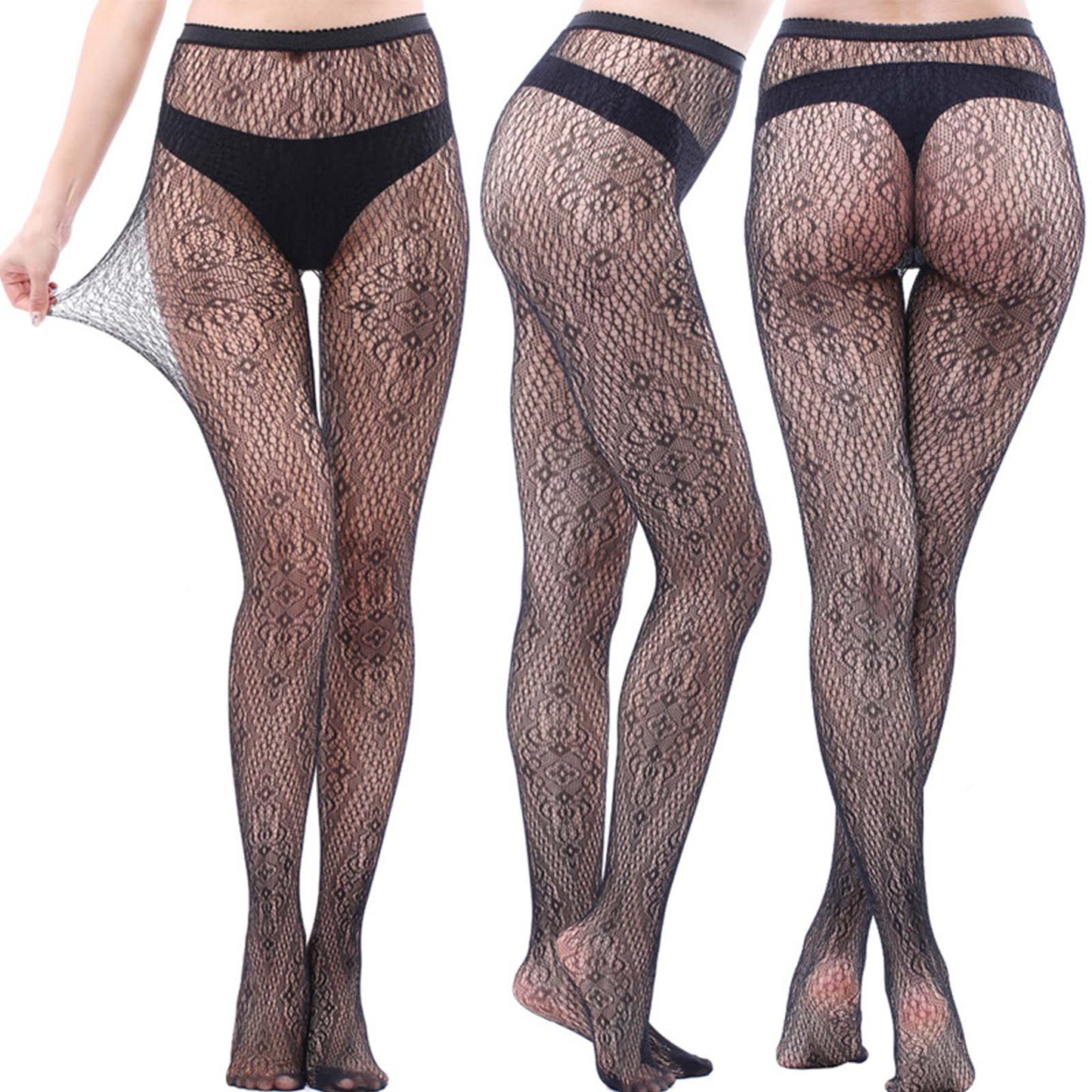 CAIDIENU Fishnet Stockings Thigh Highs Tights Patterned Fishnet Pantyhose for Women, 4-Pack, Black
