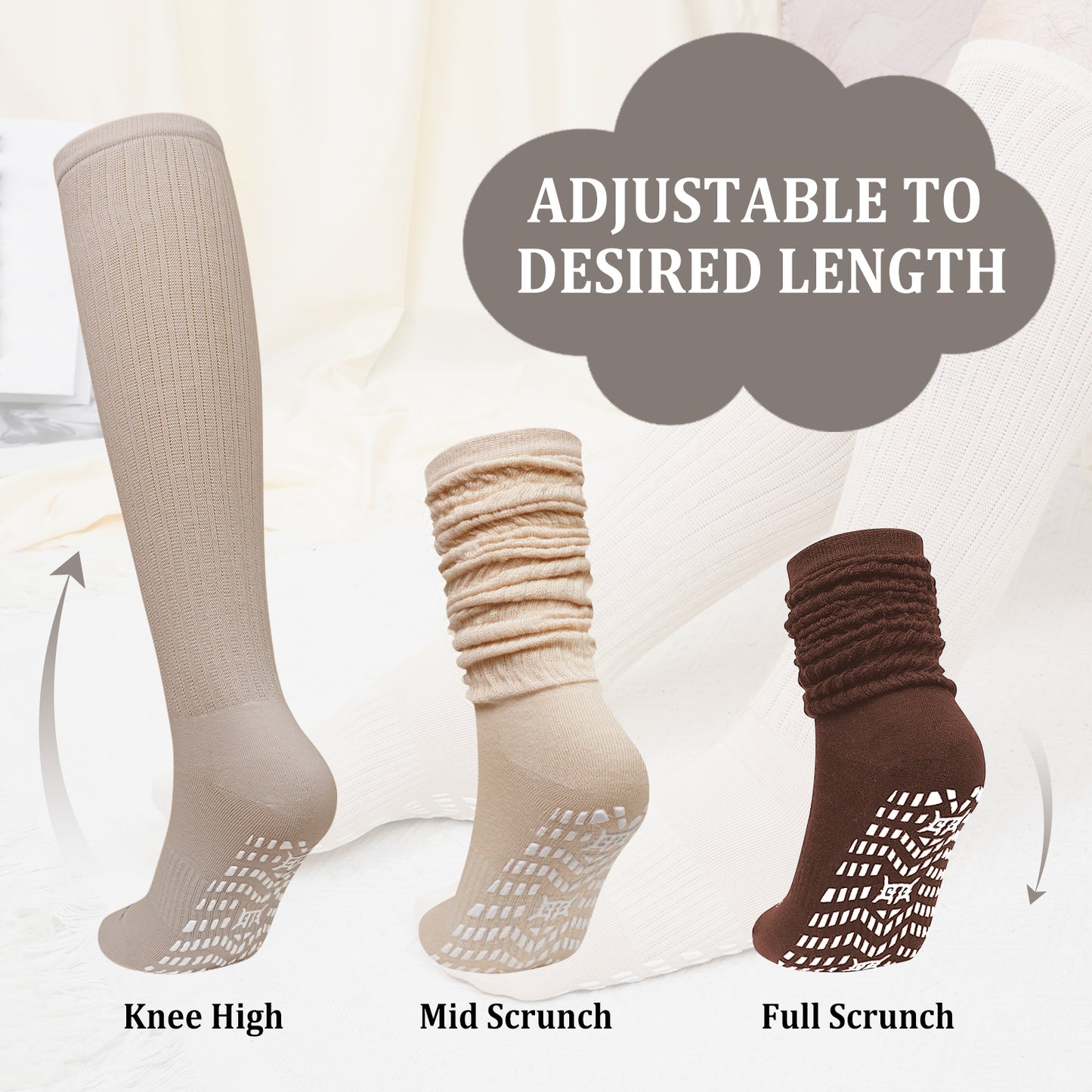 Slouch Socks with Grip, CaiDieNu 3 Pairs Pilate Socks, Non Slip Socks - Cotton Scrunch Grip Socks Pilates for Yoga Barre Workout & Fitness