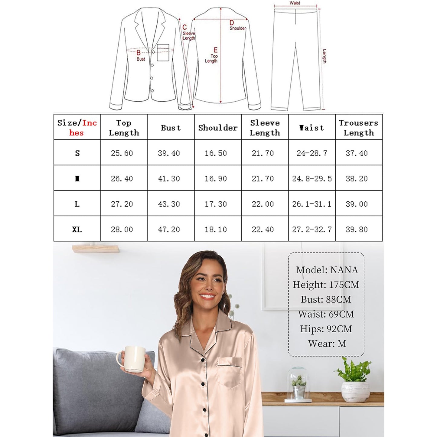 CAIDIENU Satin Pajamas for Women 2-Piece Silk Pajama Set Long Sleeve Sleepwear - Champagne