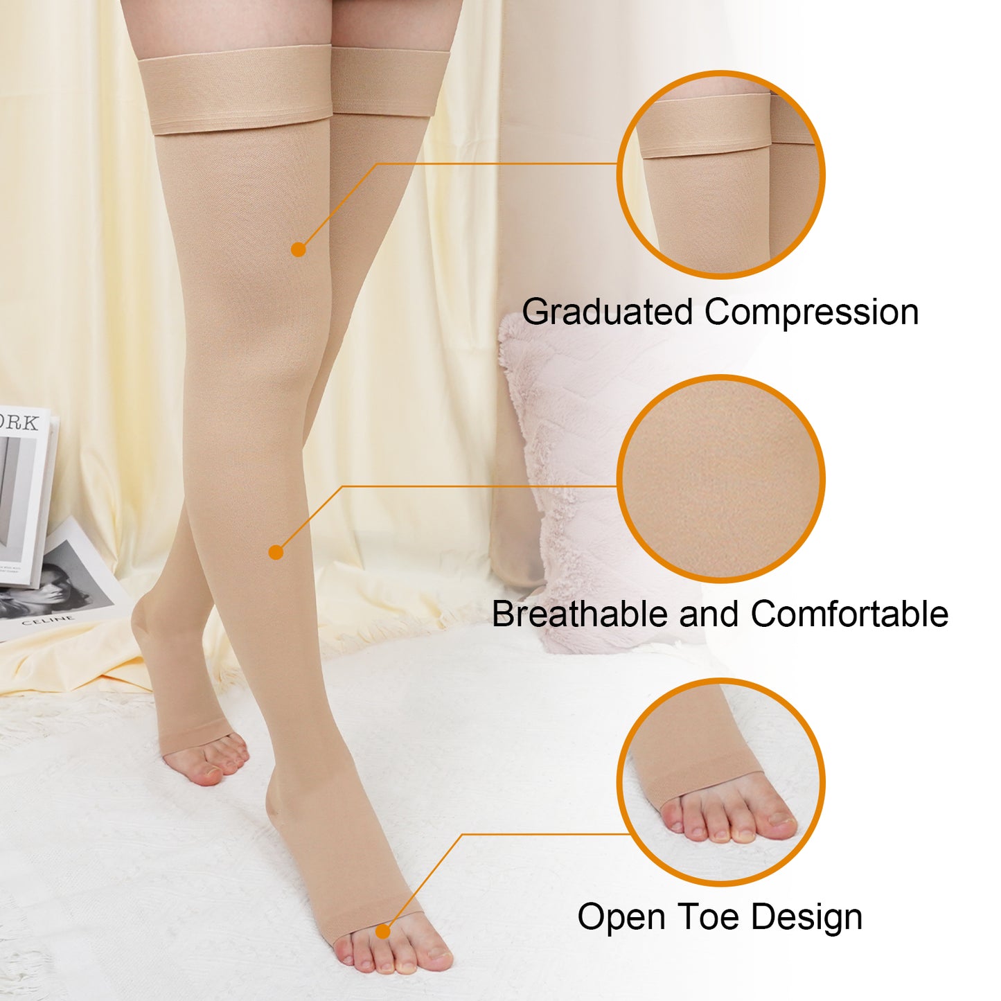 20-30 mmHg Compression Stockings for Women and Men, CaiDieNu Thigh High Compression Stockings, Open Toe Compression Socks for Running Nursing Sports Veins (1 Pair)