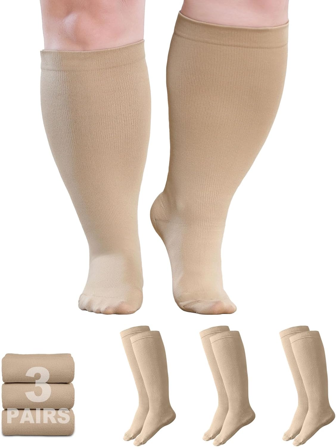 AMITOFO Plus Size Compression Socks: Wide Calf Compression Stockings for Men Women - Extra Large 20-30 mmHg Compression Hose Support for Running Travel Nurses Pregnancy 3 Pairs