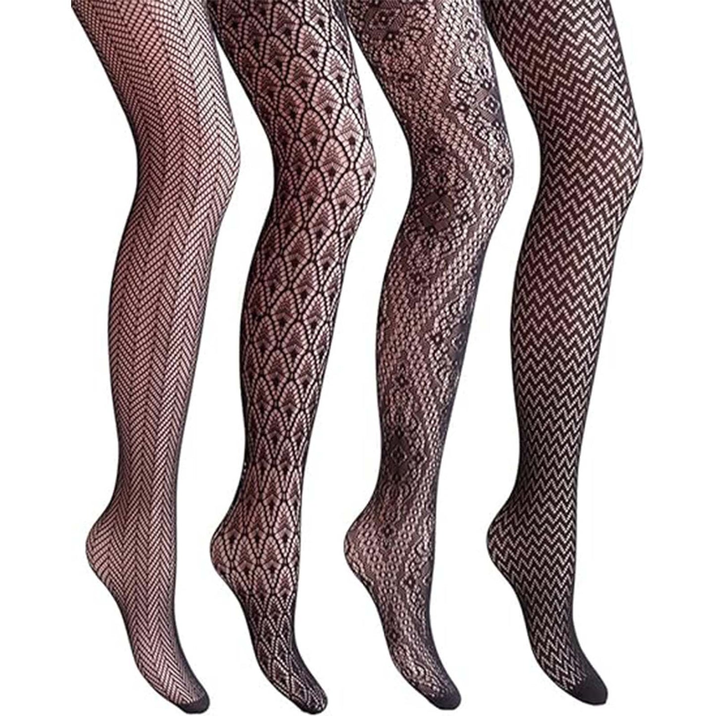 CAIDIENU Fishnet Stockings Thigh Highs Tights Patterned Fishnet Pantyhose for Women, 4-Pack, Black