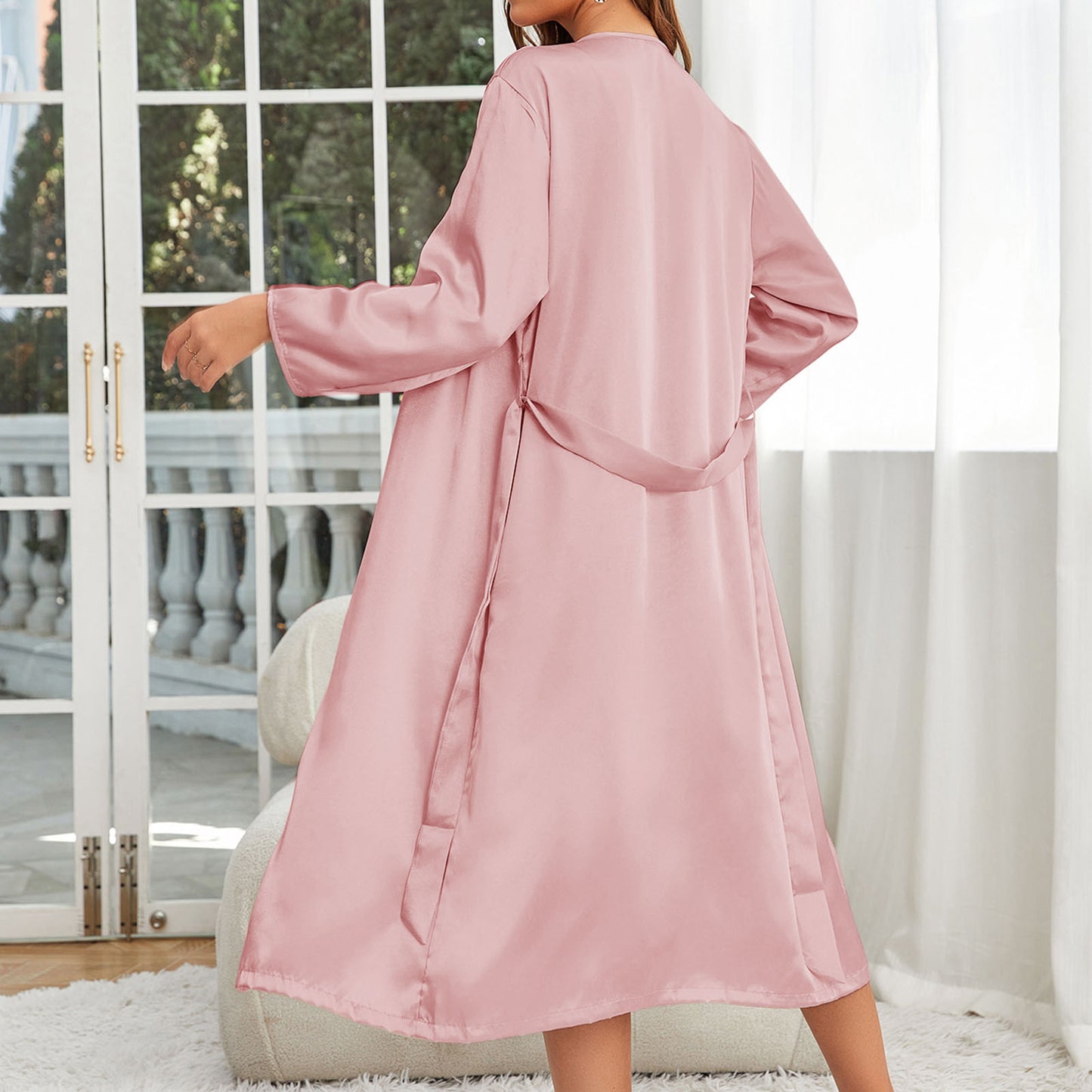 CAIDIENU Women's Silk Robe Set 2-Piece - Satin Camisole Nightgown and Long Sleeve Robe - Pink - L