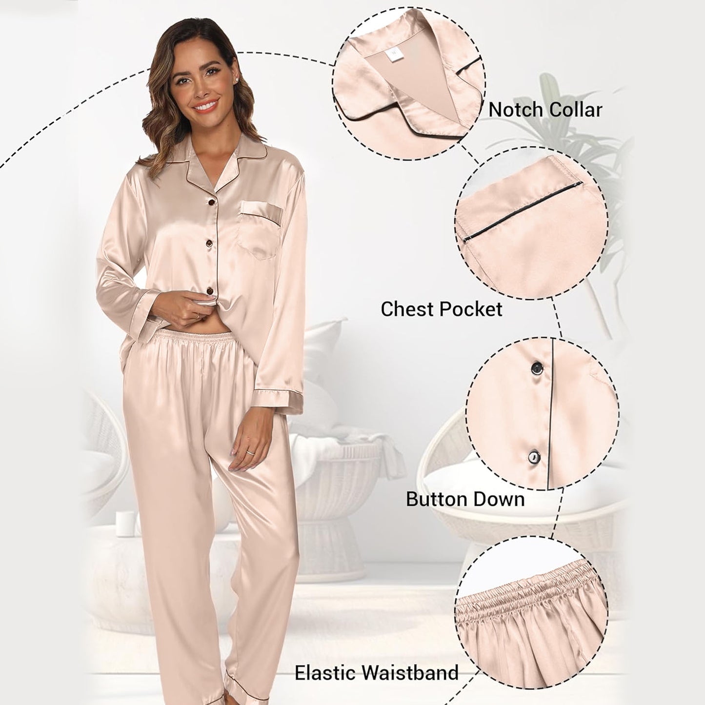 CAIDIENU Satin Pajamas for Women 2-Piece Silk Pajama Set Long Sleeve Sleepwear - Champagne