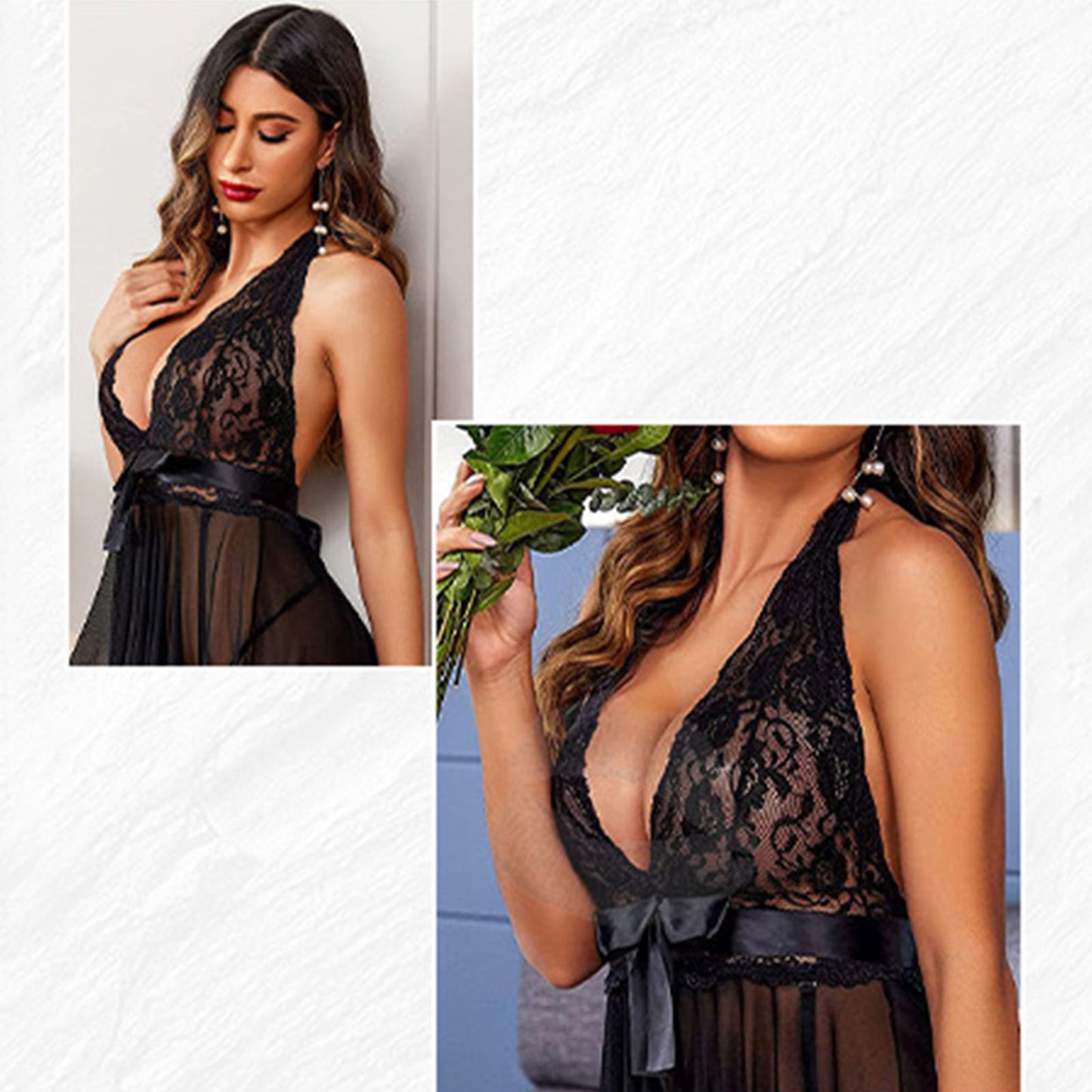 CaiDieNu Lingerie for Women Elegant Lace Pajamas Set V Neck Sexy Nightgowns Perfect for All Seasons, Black