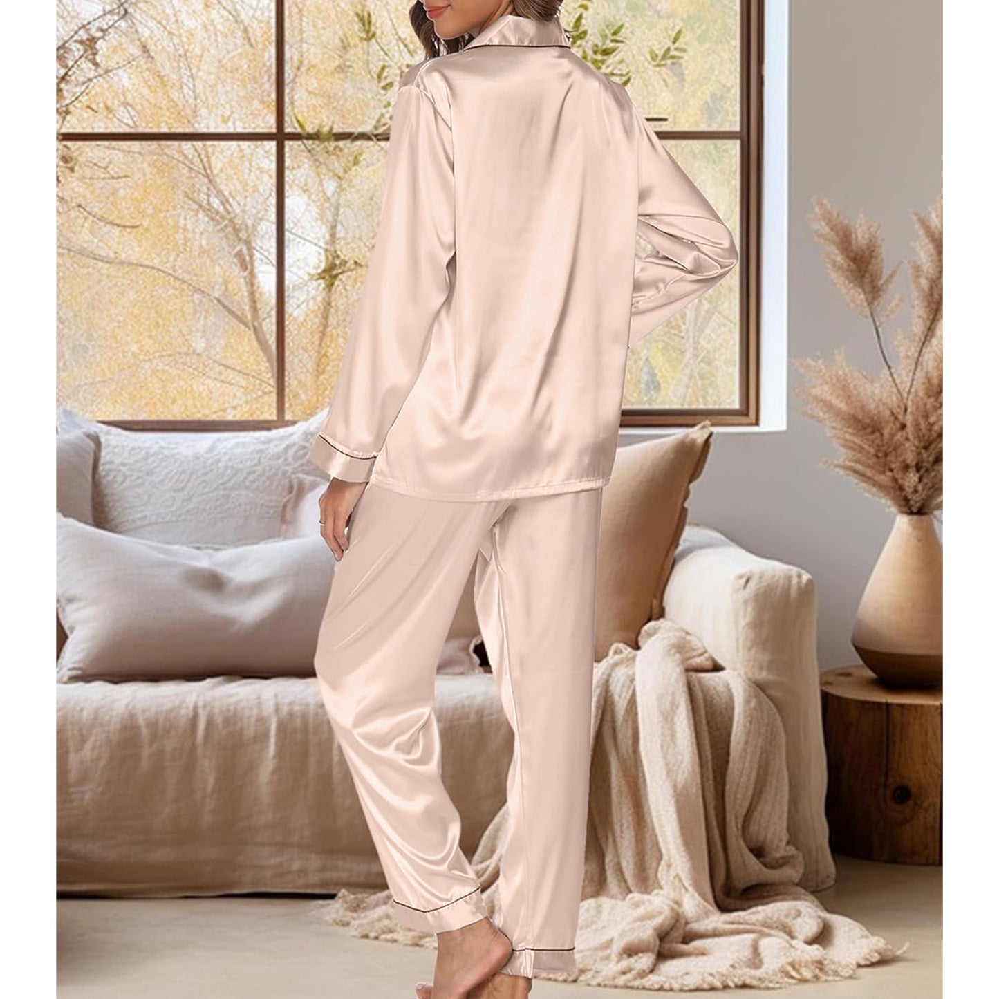 CAIDIENU Satin Pajamas for Women 2-Piece Silk Pajama Set Long Sleeve Sleepwear - Champagne