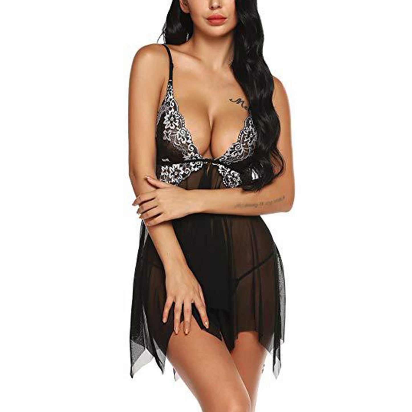 CaiDieNu Lingerie for Women Front Closure Lace Babydoll Sexy Bra and Panty Sets Sleepwear for Women - Black