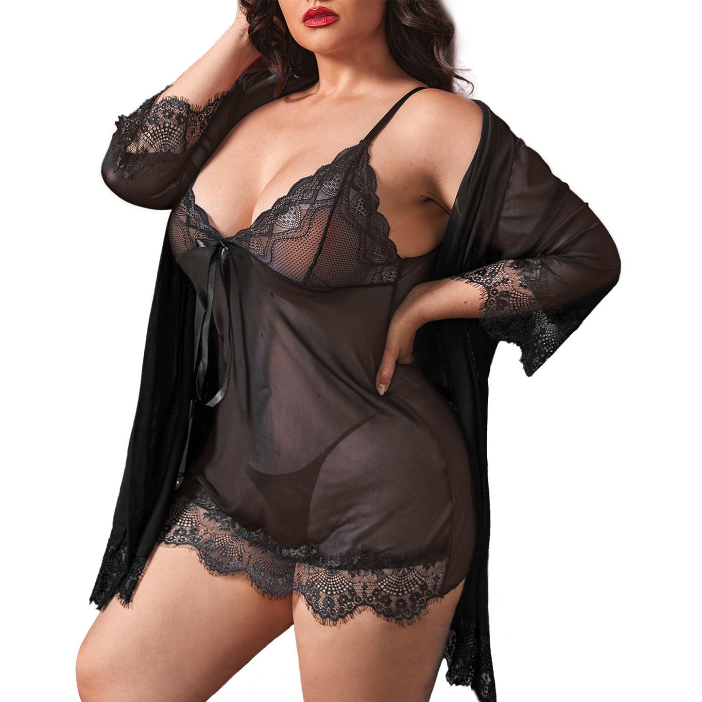 CaiDieNu Plus Size Lingerie for Women 3-Piece Sexy Sleepwear Set V-Neck Nightgowns - Black