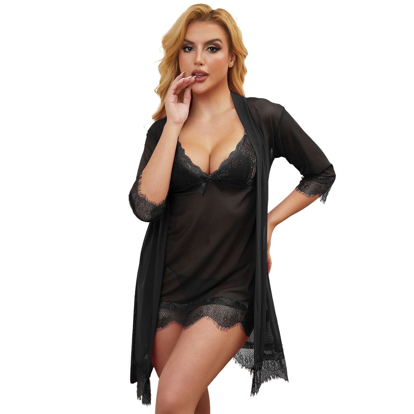 Sexy Lingerie, CaiDieNu 3 Piece Lace Lingerie Robe Set, Lingerie for Women Sleepwear V-Neck Lingerie