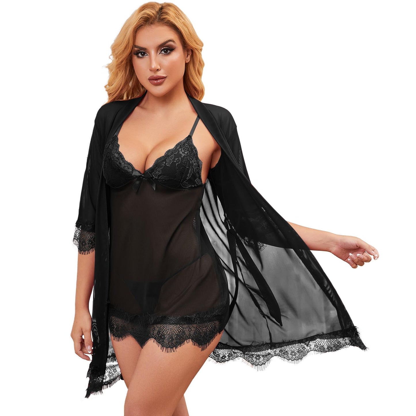 Sexy Lingerie, CaiDieNu 3 Piece Lace Lingerie Robe Set, Lingerie for Women Sleepwear V-Neck Lingerie