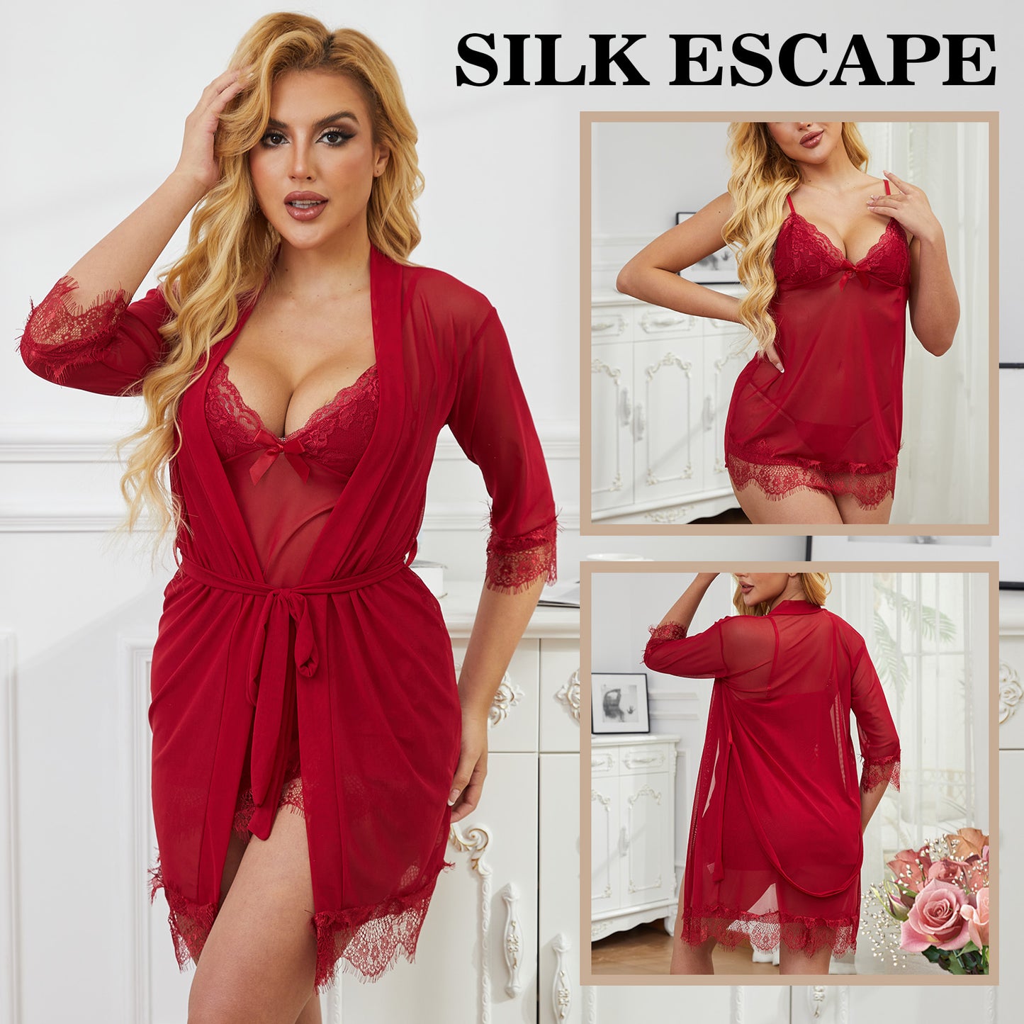 Sexy Lingerie, CaiDieNu 3 Piece Lace Lingerie Robe Set, Lingerie for Women Sleepwear V-Neck Lingerie