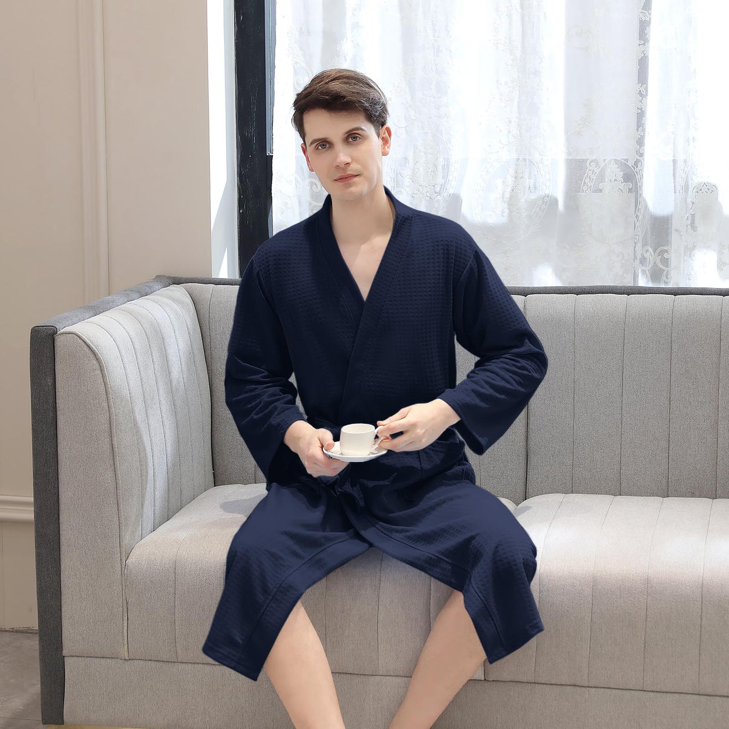 CAIDIENU Mens Robe Soft Knit Robe for Men and Women Lightweight Navy Blue