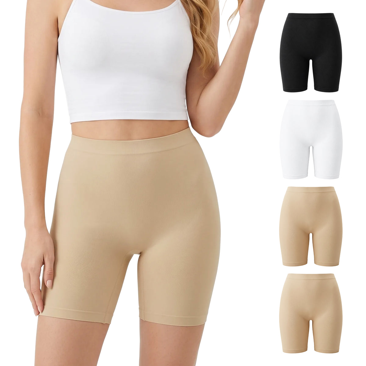 CaiDieNu Slip Shorts for Women Under Dresses, Seamless Anti Chafing Long Leg Boyshorts Panties with Light Compression, No Ride Up for Yoga Workout Cycling, 4 Pack