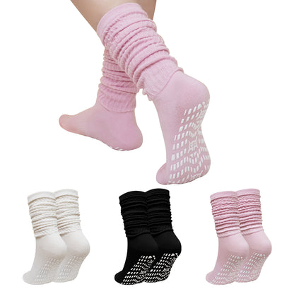 Slouch Socks with Grip, CaiDieNu 3 Pairs Pilate Socks, Non Slip Socks - Cotton Scrunch Grip Socks Pilates for Yoga Barre Workout & Fitness