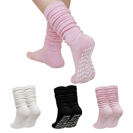 Slouch Socks with Grip, CaiDieNu 3 Pairs Pilate Socks, Non Slip Socks - Cotton Scrunch Grip Socks Pilates for Yoga Barre Workout & Fitness