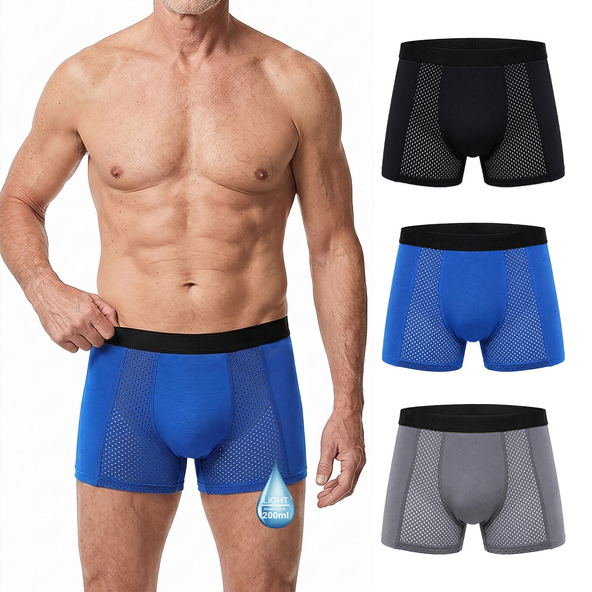 CaiDieNu Mens Incontinence Underwear, Washable Reusable Leak Protection Boxer Briefs, 200 mL Absorbency Breathable Mesh, 3 Pack Multicolor