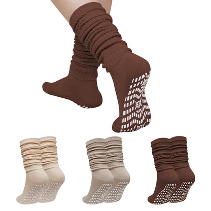 Slouch Socks with Grip, CaiDieNu 3 Pairs Pilate Socks, Non Slip Socks - Cotton Scrunch Grip Socks Pilates for Yoga Barre Workout & Fitness