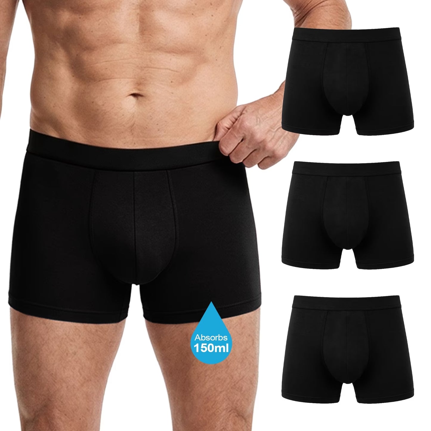 Mens Incontinence Underwear, CaiDieNu 3 Pack Washable Reusable Cotton Leak Proof Boxer Briefs, 150ml Absorbency Incontinence Underwear for Men