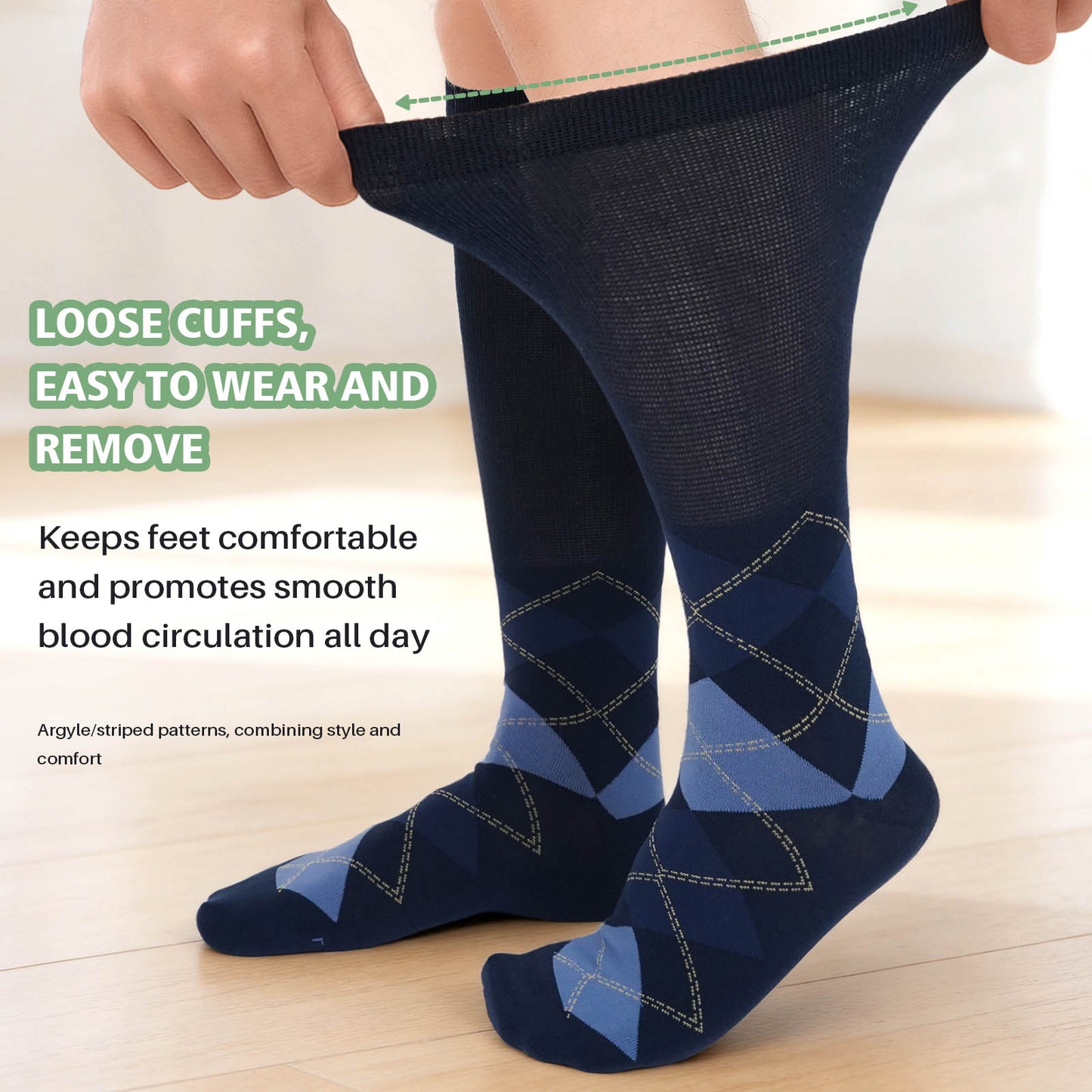 Diabetic Socks for Men, CaiDieNu 5 Pairs Mens Diabetic Socks, Wide Calf Non-Binding Moisture Cotton Mid Calf Socks, Loose Fit Comfort Seamless Toe, Classic Argyle & Stripe Patterns