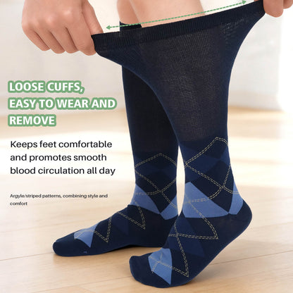 Diabetic Socks for Men, CaiDieNu 5 Pairs Mens Diabetic Socks, Wide Calf Non-Binding Moisture Cotton Mid Calf Socks, Loose Fit Comfort Seamless Toe, Classic Argyle & Stripe Patterns