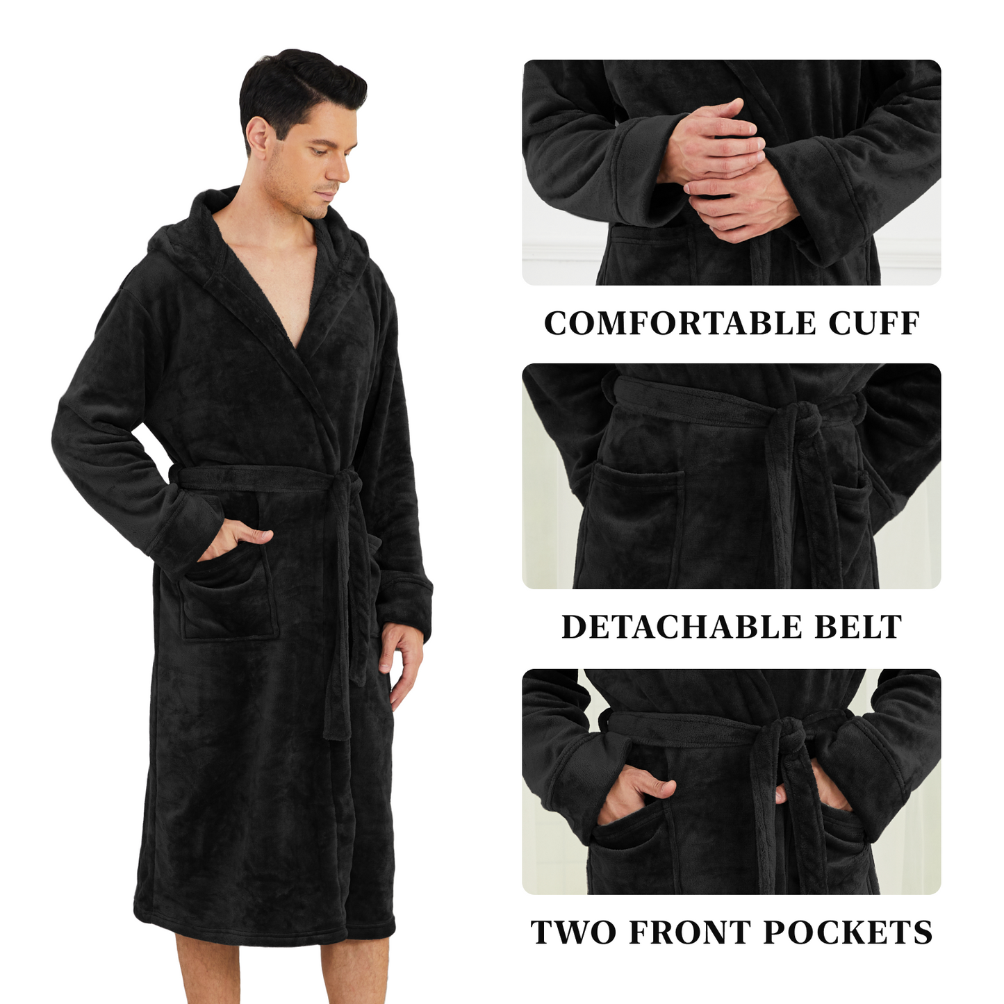 Men Robes, CaiDieNu Bathrobe for Men with Hood & Pockets, Soft Plush Bathrobe Winter Warm Sleepwear Spa Robe