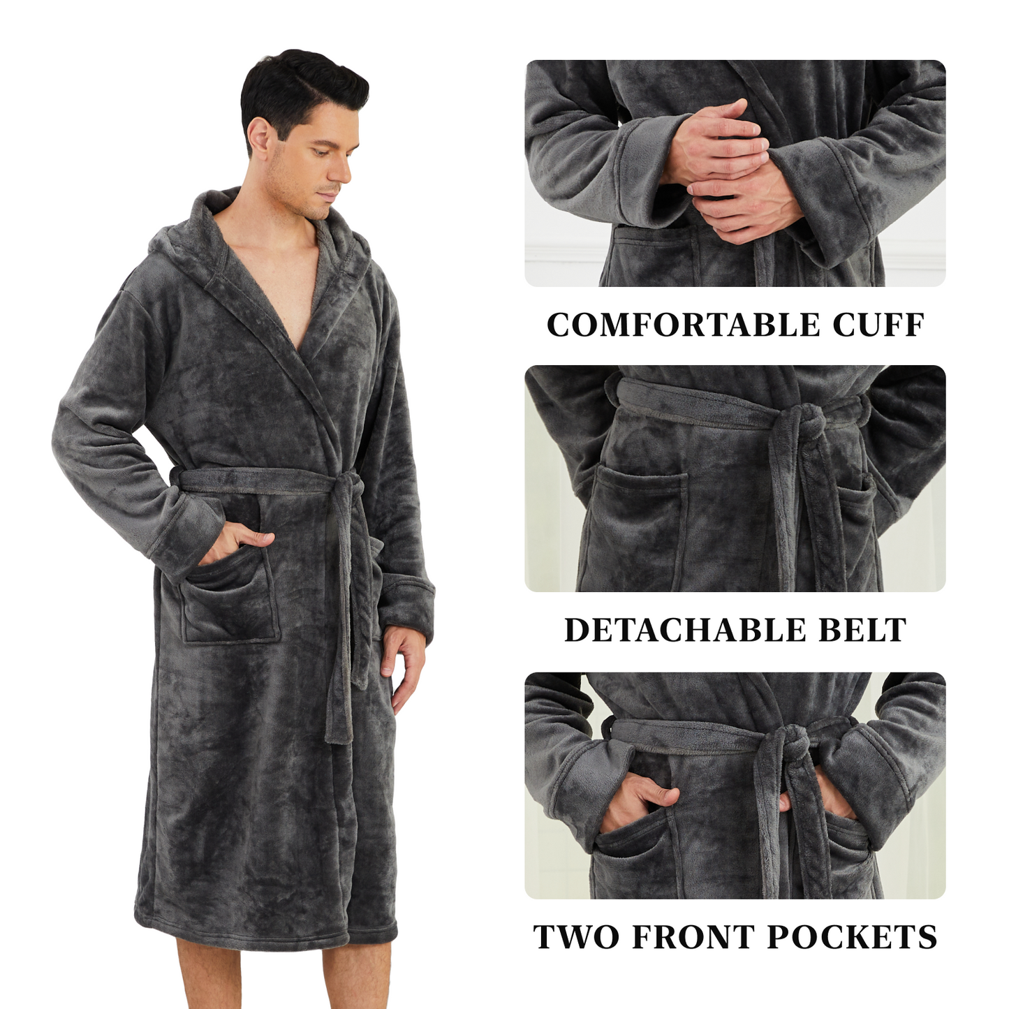 Men Robes, CaiDieNu Bathrobe for Men with Hood & Pockets, Soft Plush Bathrobe Winter Warm Sleepwear Spa Robe
