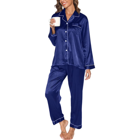 CaiDieNu Luxurious Women's Satin Pajama Set - 2PC Long Sleeve Button Down Loungewear with Pockets & Soft Short Sleeve Nightwear Pants, Perfect Sleepwear for Comfort & Style