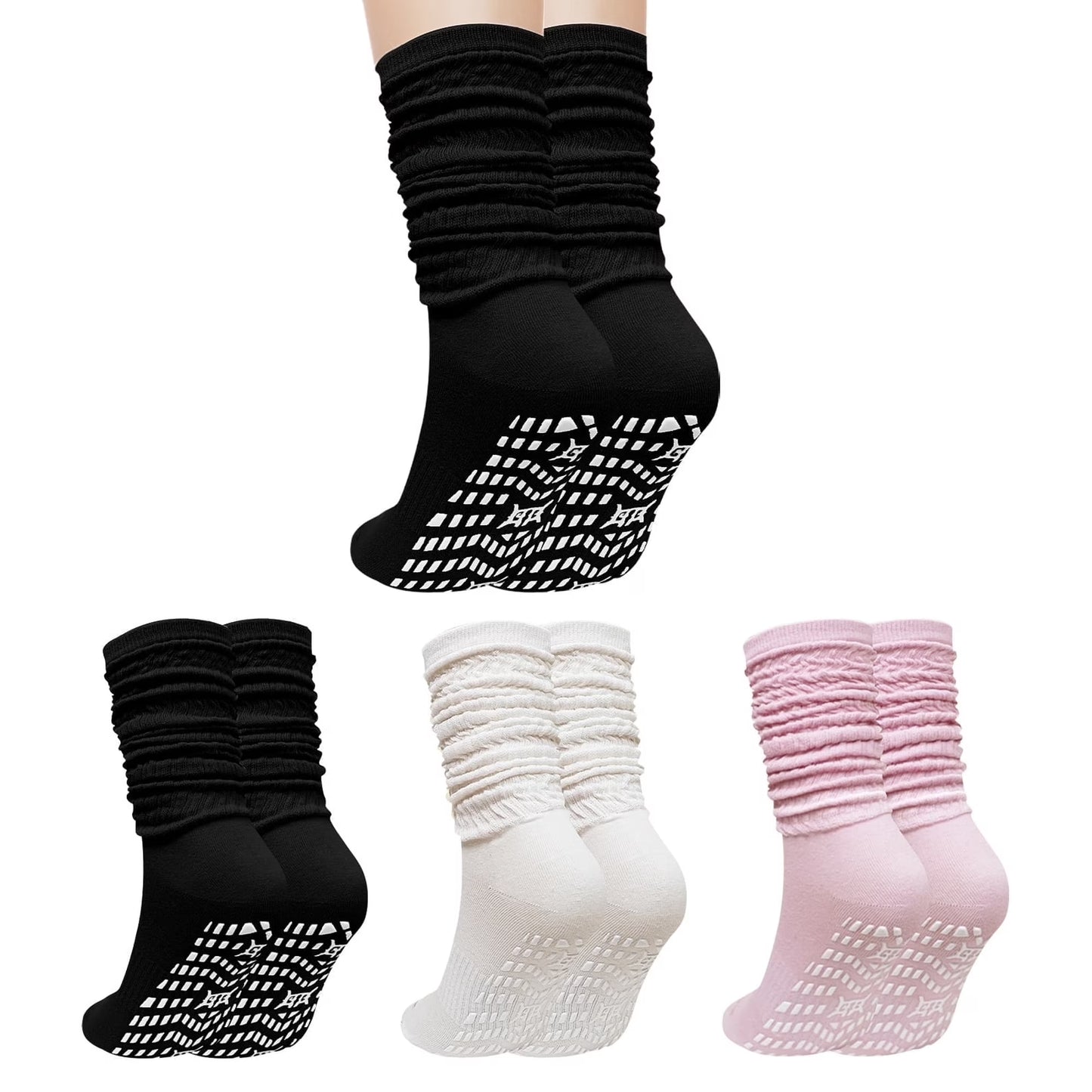 Slouch Socks Women, CaiDieNu Non Slip Long Scrunch Slipper Socks, 3 Pairs Cotton Grip Socks Pilates for Yoga Barre Workout & Fitness