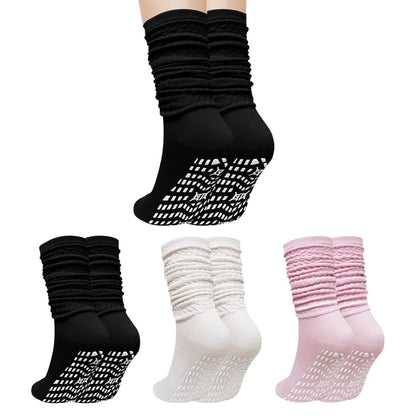 Slouch Socks Women, CaiDieNu Non Slip Long Scrunch Slipper Socks, 3 Pairs Cotton Grip Socks Pilates for Yoga Barre Workout & Fitness