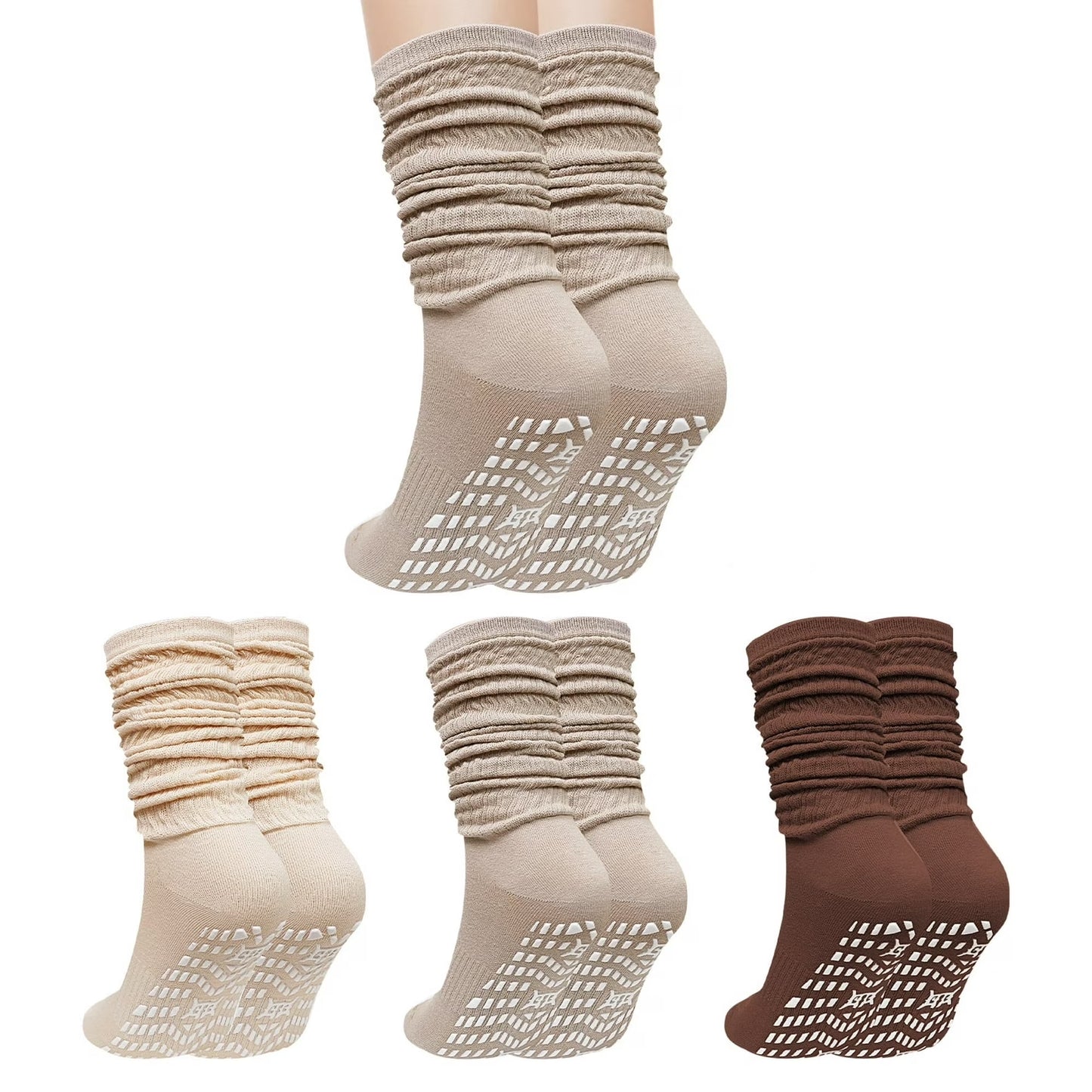 Slouch Socks Women, CaiDieNu Non Slip Long Scrunch Slipper Socks, 3 Pairs Cotton Grip Socks Pilates for Yoga Barre Workout & Fitness