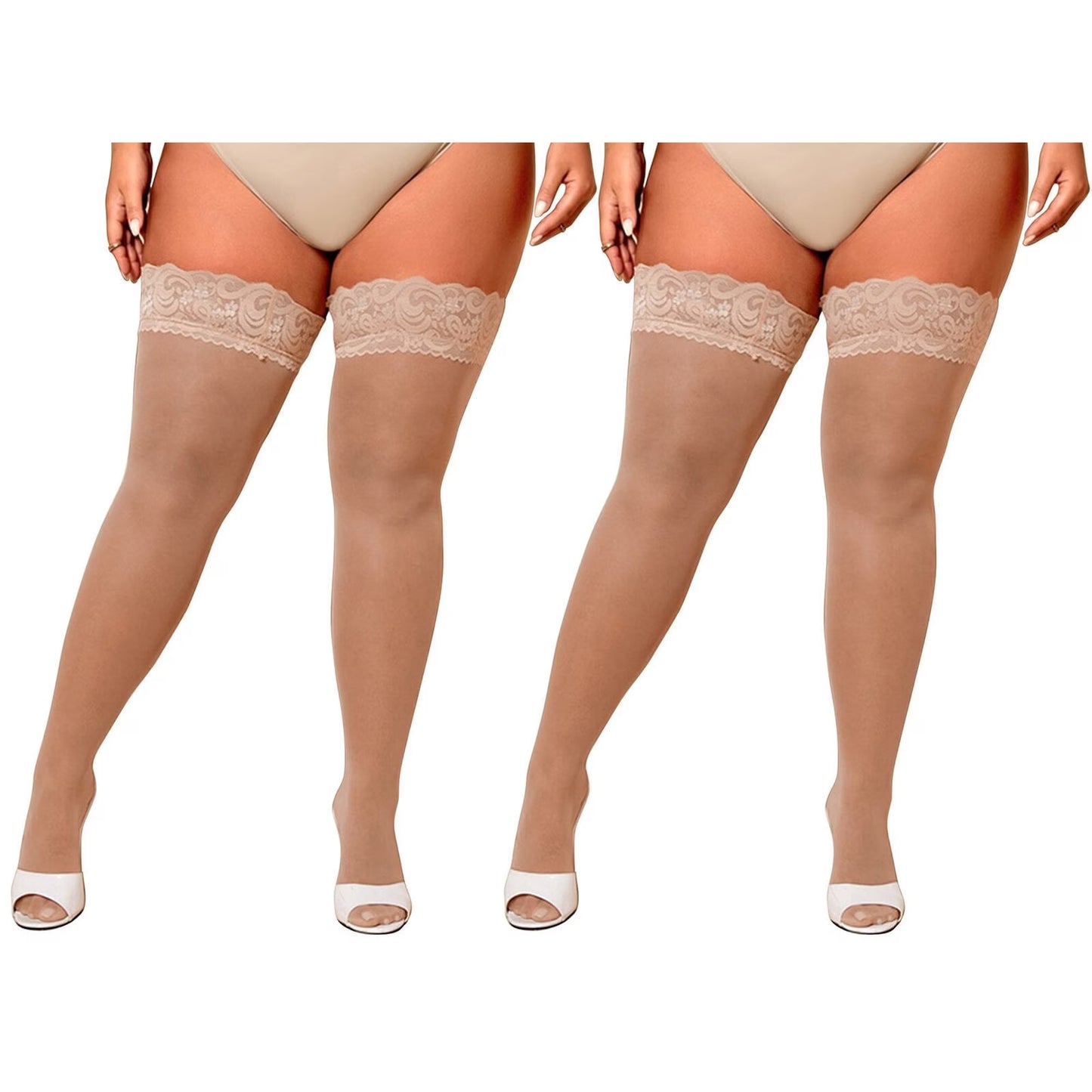 CaiDieNu Plus Size Thigh High Stockings for Womens 30D Anti-Snag Lace Top Stay Up Pantyhose, 2-Pack XL