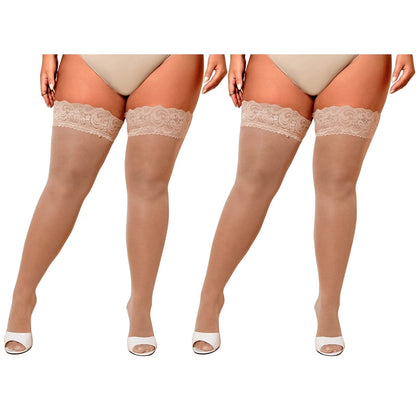 CaiDieNu Plus Size Thigh High Stockings for Womens 30D Anti-Snag Lace Top Stay Up Pantyhose, 2-Pack XL