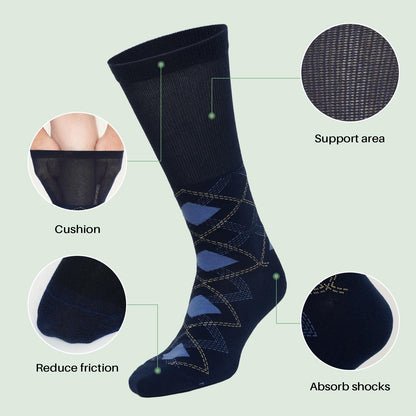 Diabetic Socks for Men, CaiDieNu 5 Pairs Mens Diabetic Socks, Wide Calf Non-Binding Moisture Cotton Mid Calf Socks, Loose Fit Comfort Seamless Toe, Classic Argyle & Stripe Patterns