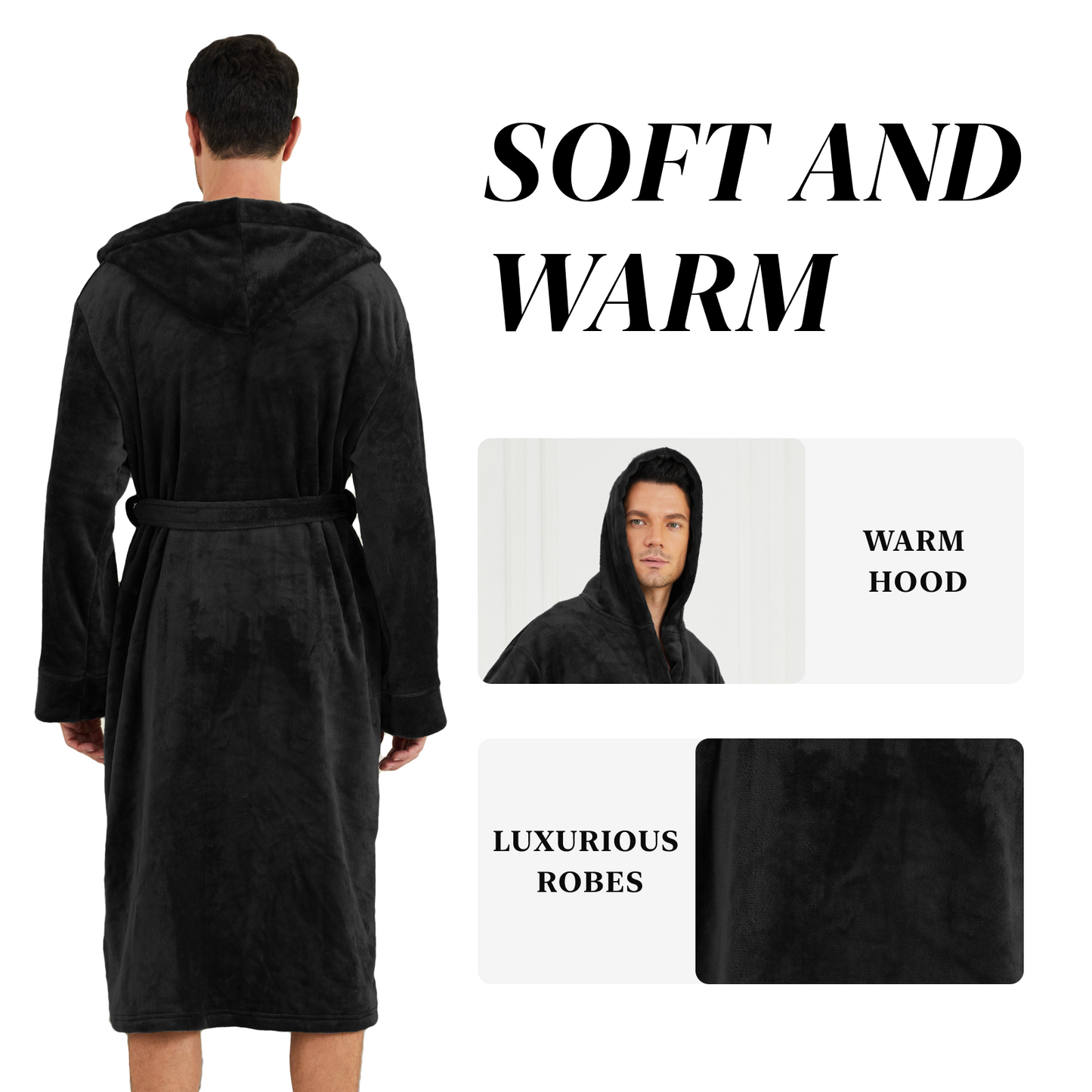 Men Robes, CaiDieNu Bathrobe for Men with Hood & Pockets, Soft Plush Bathrobe Winter Warm Sleepwear Spa Robe