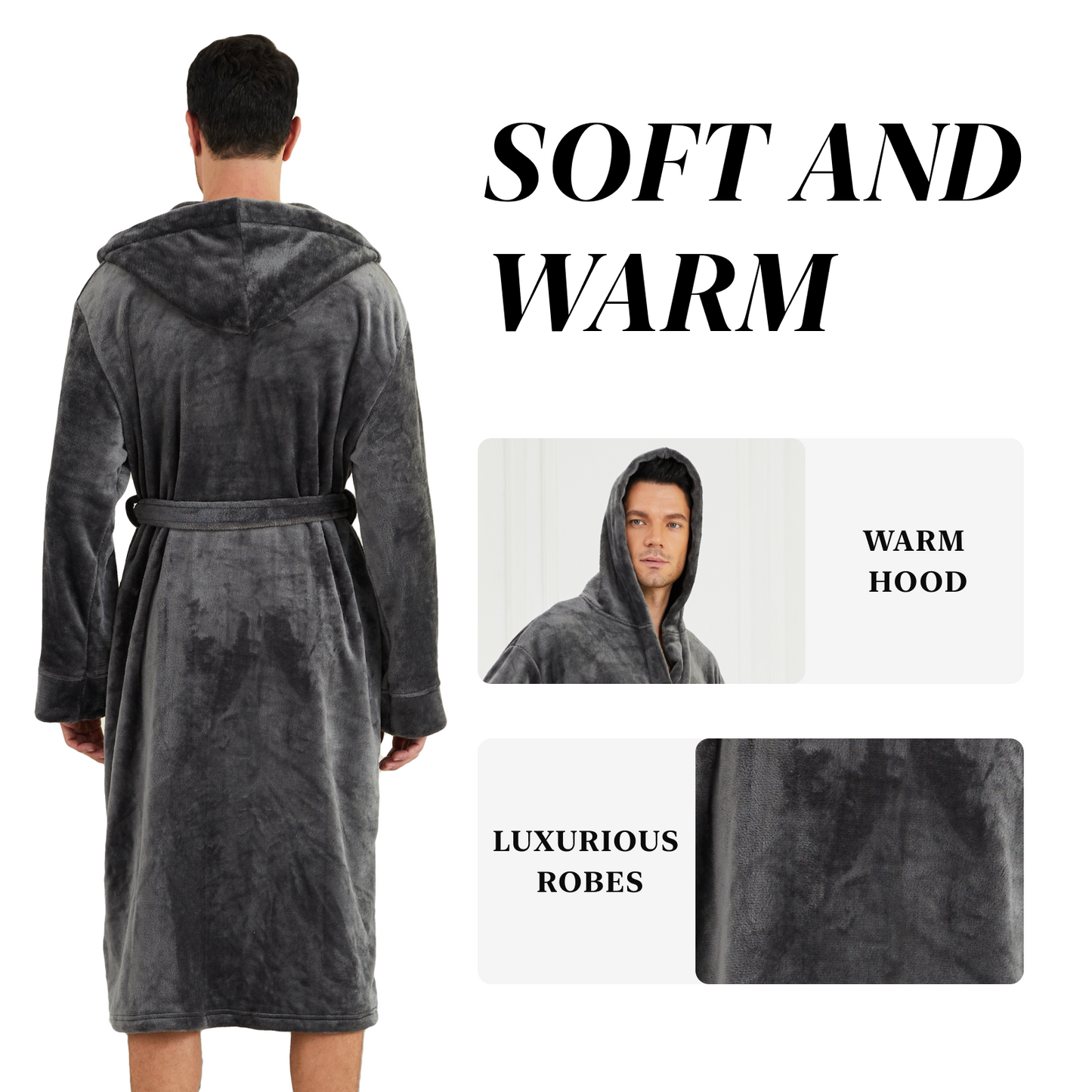 Men Robes, CaiDieNu Bathrobe for Men with Hood & Pockets, Soft Plush Bathrobe Winter Warm Sleepwear Spa Robe