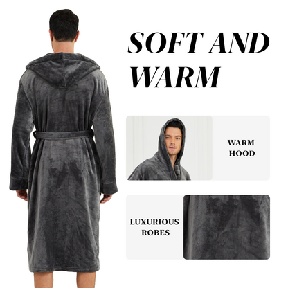 Men Robes, CaiDieNu Bathrobe for Men with Hood & Pockets, Soft Plush Bathrobe Winter Warm Sleepwear Spa Robe