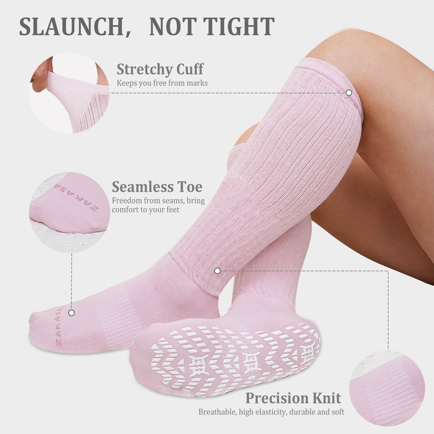 Slouch Socks with Grip, CaiDieNu 3 Pairs Pilate Socks, Non Slip Socks - Cotton Scrunch Grip Socks Pilates for Yoga Barre Workout & Fitness