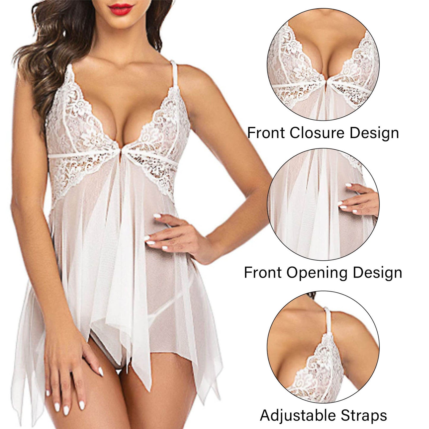 CaiDieNu Lingerie for Women Front Closure Lace Babydoll Sexy Bra and Panty Sets Sleepwear for Women - Black